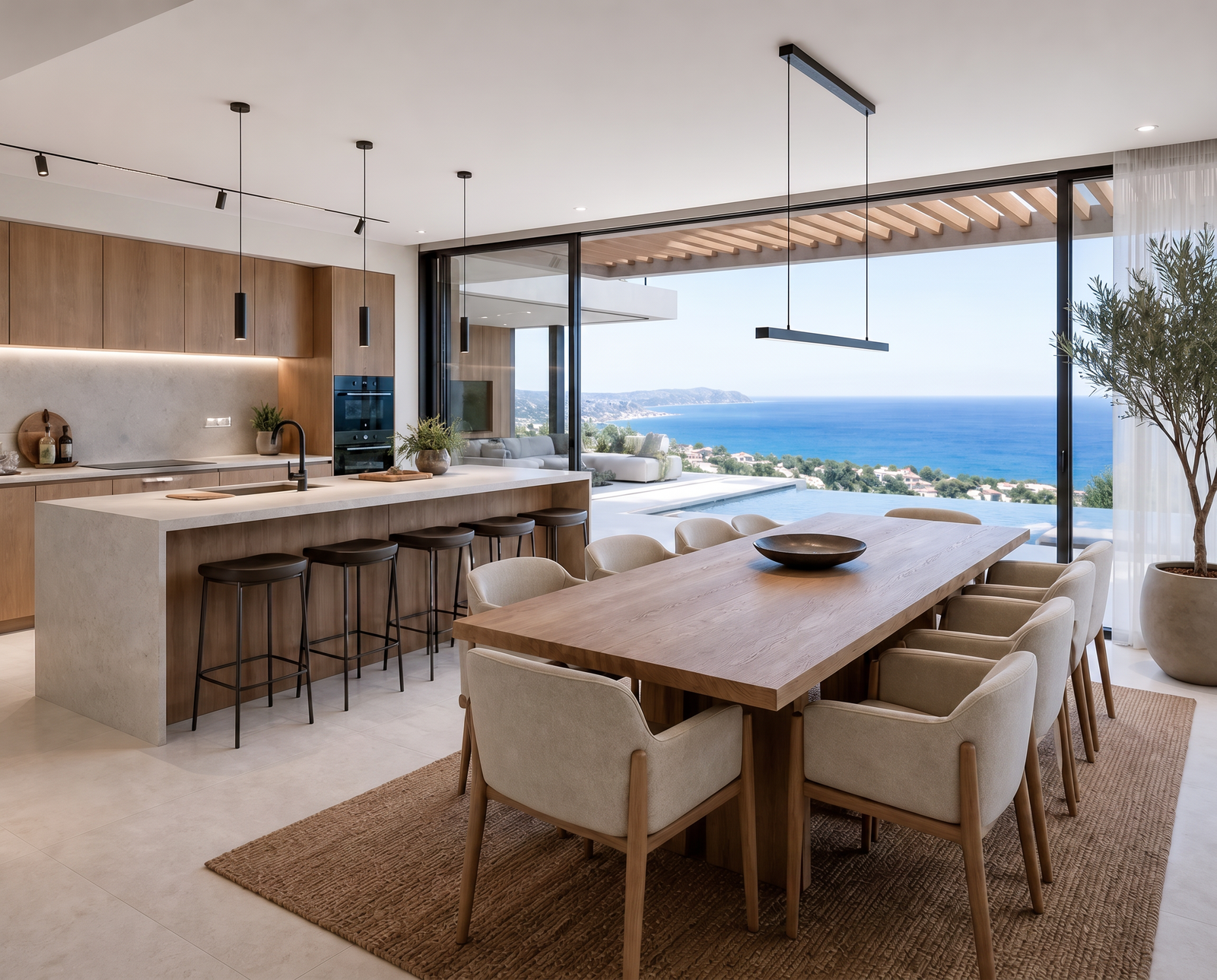 Villa Aurora — Comedor y cocina abiertos con vistas